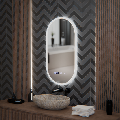 Miroir LED ovale, 50x100 cm, capteur Lucia Marcello, système antibuée, horloge et thermomètre, intensité variable