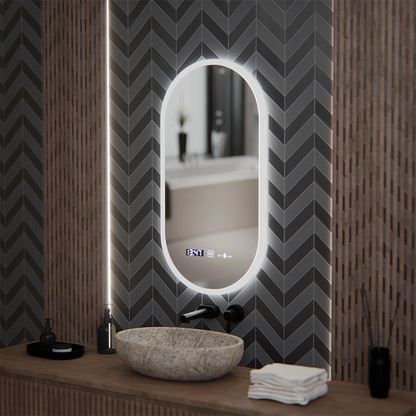 Miroir LED ovale, 50x100 cm, capteur Lucia Marcello, système antibuée, horloge et thermomètre, intensité variable