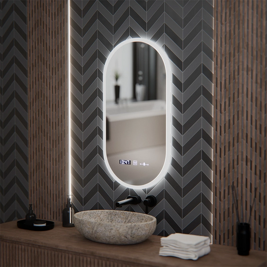 Miroir LED ovale, 50x100 cm, capteur Lucia Marcello, système antibuée, horloge et thermomètre, intensité variable