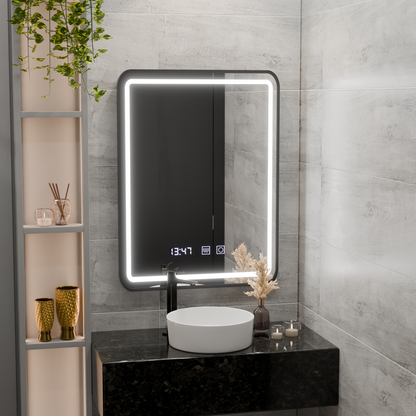 Miroir LED Tactile LUCIDA Système de Désembuage, Horloge et Température 50x70 cm Cadre Noir Brossé