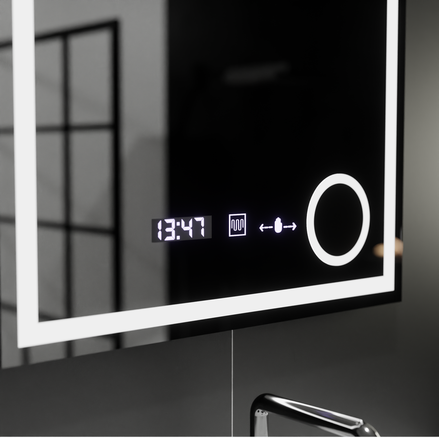 Miroir LED rectangulaire, 60x60 cm, Souverain MotionGlow Marcello, système anti-buée, horloge et thermomètre, loupe cosmétique, variable