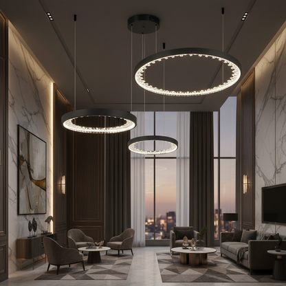 Lustre LED suspendu avec télécommande, Cristaux K9, 80W, 3 Cercles, Lumière Froid/Chaud/Neutre, Dimmable, Noir, Hauteur Réglable