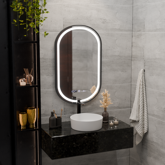 Miroir LED Touch Helmut, système anti-buée, horloge et température 45x90 cm, cadre noir, brossé Marcello Funghi