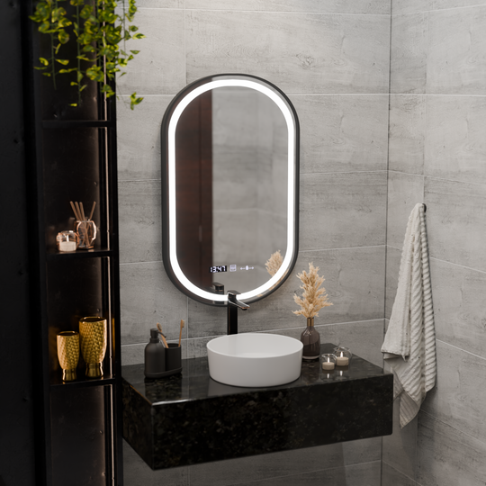 Miroir Helmut tactile LED, système anti-buée, horloge et température 45x90 cm, cadre noir, miroirs brossés Marcello Funghi Korman S Default Title Alessandro Design