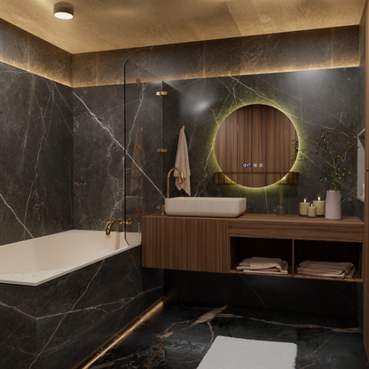 Miroir LED Touch Alfred système de désembuage, horloge et température 60x60 cm avec support intégré