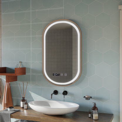 Konrad Miroir tactile LED avec système de désembuage, horloge et température, cadre doré brossé 50 x 80 cm, lumière froide neutre et chaude 3000 K/4000 K/6000 K.