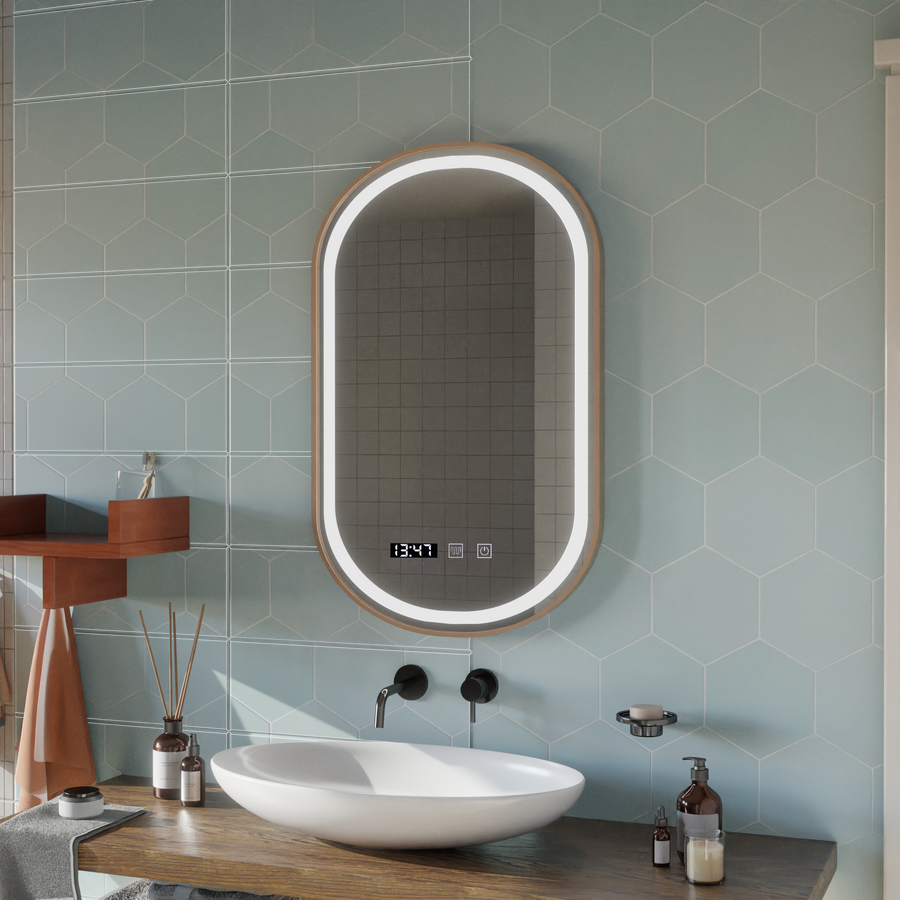 Konrad Miroir tactile LED avec système de désembuage, horloge et température, cadre doré brossé 50 x 80 cm, lumière froide neutre et chaude 3000 K/4000 K/6000 K.