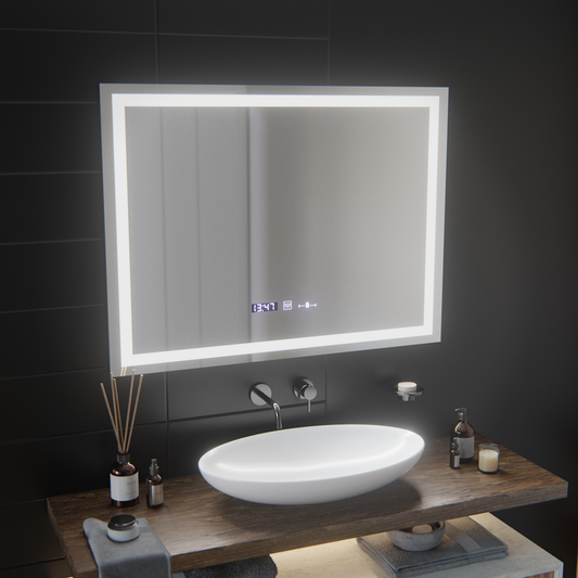 Miroir LED rectangulaire, 100x75cm, Verite MotionGlow Marcello, système anti-buée, horloge et thermomètre, intensité variable