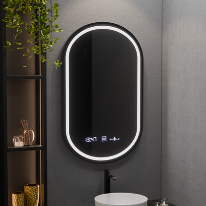 Miroir LED ovale, 50x80cm, Alessia MotionGlow Marcello, système anti-buée, horloge et thermomètre, intensité variable