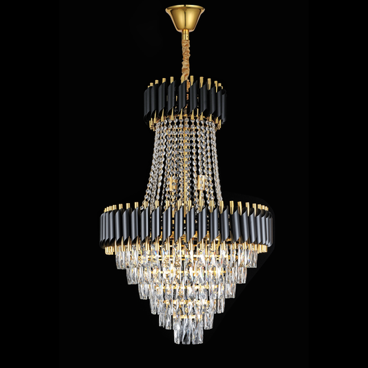 Lustre en cristal CC900/800X1200, 23xE14, diamètre 80 cm, hauteur 120 cm, or brillant et noir, hauteur réglable, design élégant