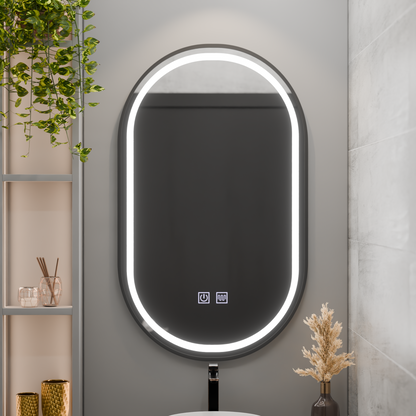 Miroir ovale LED 60 x 100 cm, système anti-buée à intensité variable VETRO Touch, cadre noir