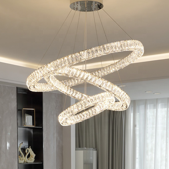 Lustre LED suspendu avec télécommande et cristal CAYDEN 200W, 3 Cercles, Lumière Froide/Chaude/Neutre, Dimmable, Chrome Brillant, Lustre LED à Hauteur Réglable Default Title Alessandro Design