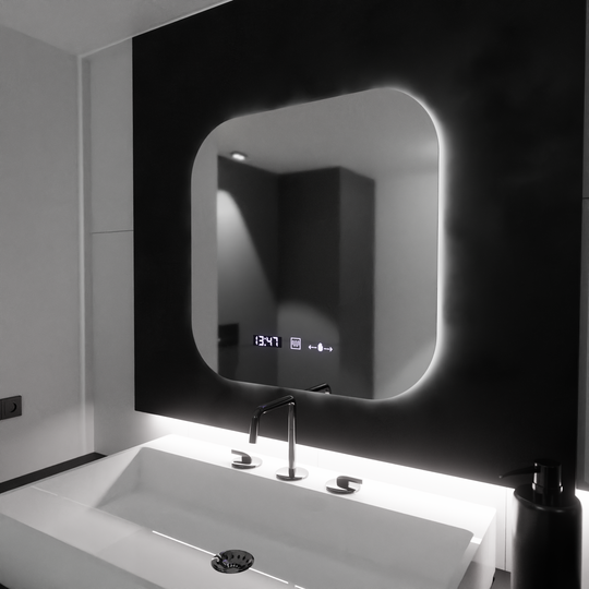 Miroir LED rectangulaire 60x60 Aura Riflesso Puro MotionGlow Marcello, système de désembuage, thermomètre et horloge, miroirs dimmables Marcello Default Title Alessandro Design