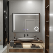 Miroir LED avec capteur MotionGlow Sofia avec fonction anti-buée Thermomètre Horloge 110x75 cm Lumière Chaude/Froide/Neutre Intensité Variable, Cadre Noir Brossé, Collection Marcello Funghi