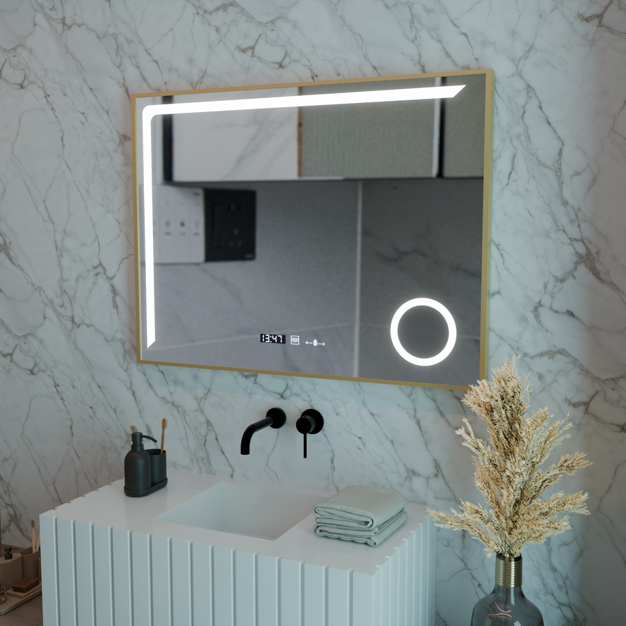 Miroir LED avec capteur MotionGlow Rosalia 80 x 60 cm Lumière chaude/froide/neutre Système anti-buée à intensité variable Thermomètre Horloge Collection Marcello Funghi