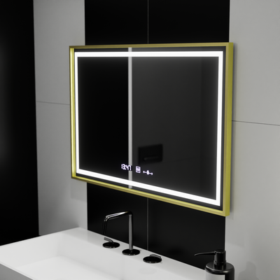 Miroir LED rectangulaire, 120x80cm, Verite Royale Gold MotionGlow Marcello, système anti-buée, horloge et thermomètre, intensité variable