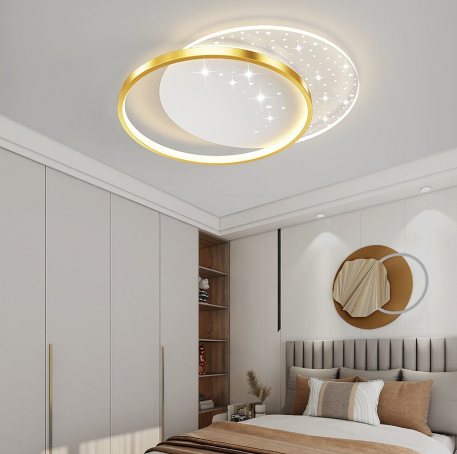 Lustre LED avec télécommande LUNARO 38W, 2 Cercles, Lumière Froide/Chaude/Neutre, Dimmable, Or Blanc