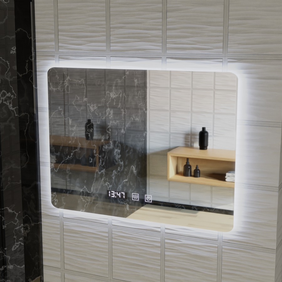 Miroir LED rectangulaire ARTAR Touch, 80x60 cm, système de désembuage, intensité variable, horloge et température, lumière froide neutre et chaude 3000K/4000K/6000K