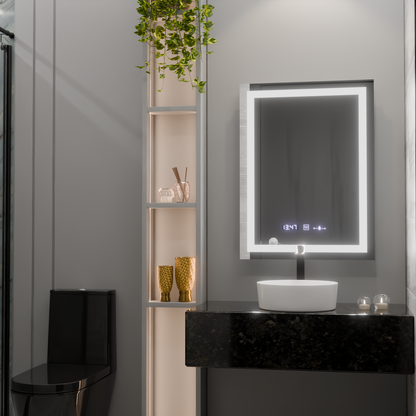 Miroir LED rectangulaire, 60x80 cm, Verite MotionGlow Marcello, système anti-buée, horloge et thermomètre, intensité variable