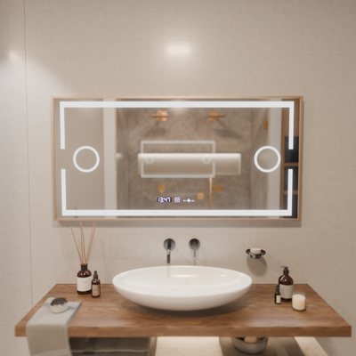 Miroir LED MotionGlow Capteur Isabell avec fonction désembuage Thermomètre Horloge 120x80 cm Lumière Chaude/Froide/Neutre Intensité Variable, Cadre Brossé Or Rose, Collection Marcello Funghi
