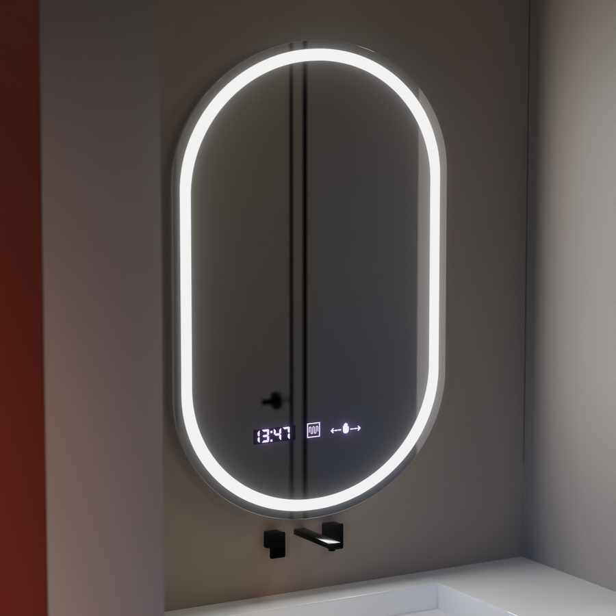 Miroir LED ovale, 50x80cm, Eminence MotionGlow Marcello, système anti-buée, horloge et thermomètre, intensité variable