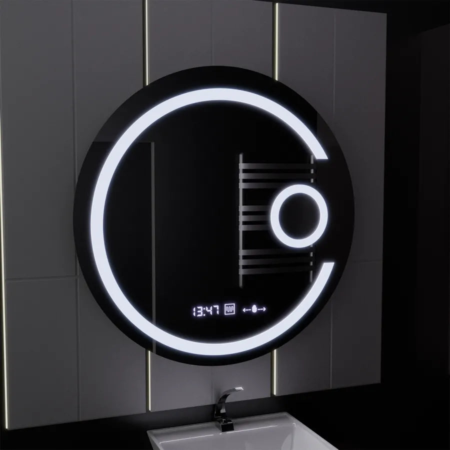 Miroir rond LED, 70 cm, Visio MotionGlow Marcello, système anti-buée, horloge et thermomètre, loupe cosmétique, intensité variable