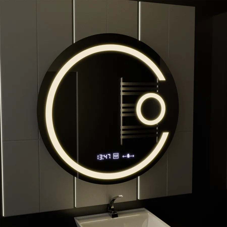 Miroir rond LED, 70 cm, Visio MotionGlow Marcello, système anti-buée, horloge et thermomètre, loupe cosmétique, intensité variable