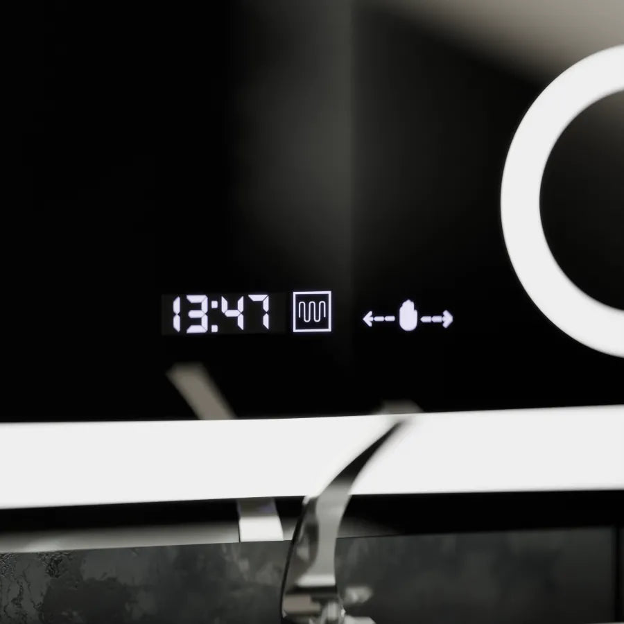 Miroir LED rectangulaire, 80x80cm, Souverain MotionGlow Marcello, système anti-buée, horloge et thermomètre, loupe cosmétique, variable