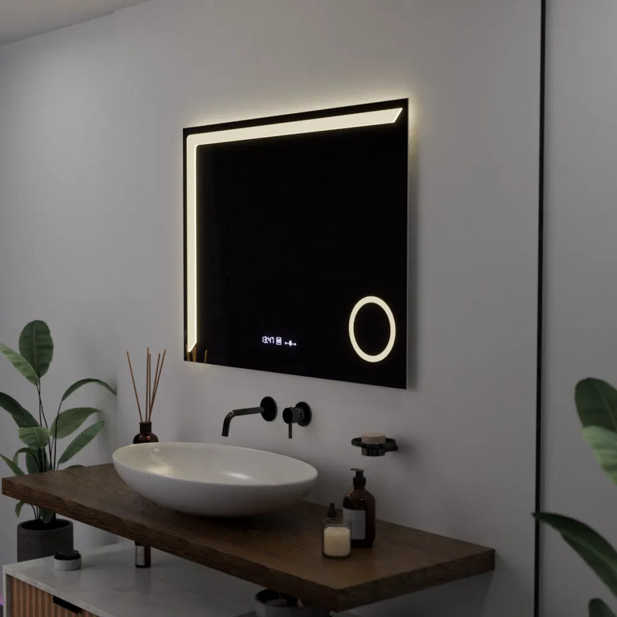 Miroir LED rectangulaire, 80x60 cm, Precision MotionGlow Marcello, système anti-buée, horloge et thermomètre, loupe cosmétique, variable