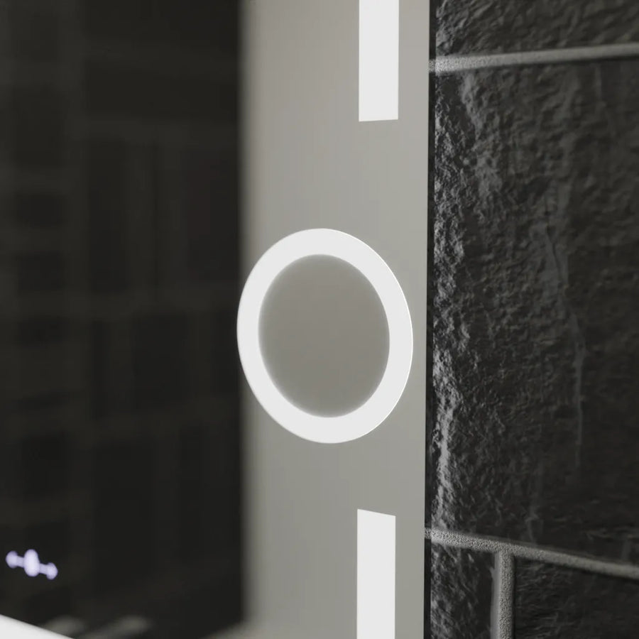 Miroir LED rectangulaire, 80x60 cm, Eclat MotionGlow Marcello, système anti-buée, horloge et thermomètre, loupe cosmétique, intensité variable