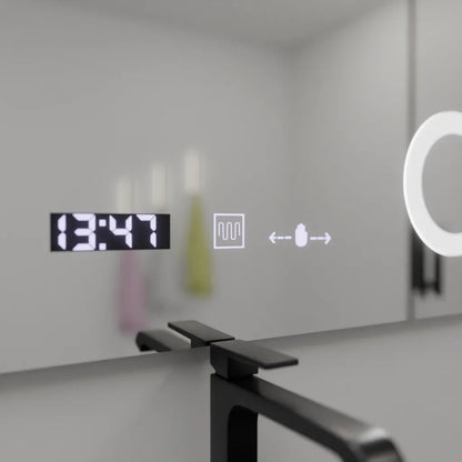 Miroir LED rectangulaire, 100x80 cm, Precision MotionGlow Marcello, système anti-buée, horloge et thermomètre, loupe cosmétique, variable