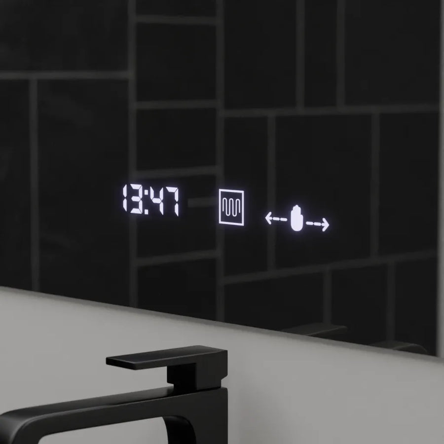 Miroir LED rectangulaire, 120x80cm, ABSOLU MotionGlow Marcello, système anti-buée, horloge et thermomètre, loupe cosmétique, variable
