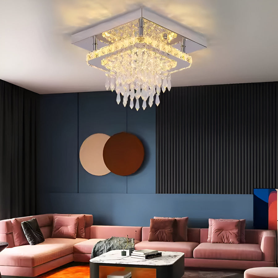 Lustre LED carré Alberico, 17 W, lumière froide/chaude/neutre, cristal, chrome brillant