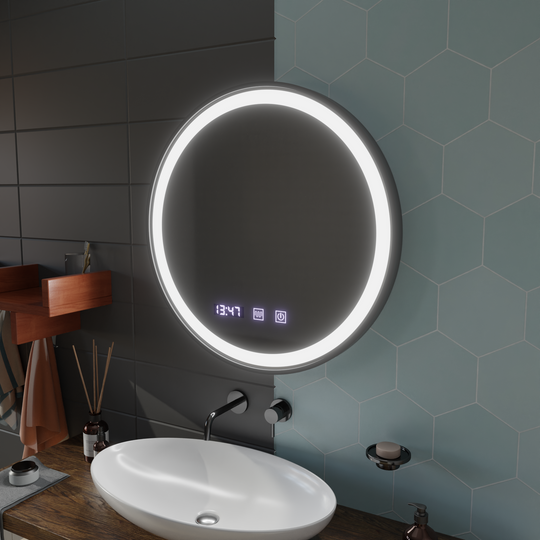 Miroir tactile LED Système anti-buée NOVARA, horloge et température 70 cm Cadre noir Miroirs Korman brossé S Titre par défaut Alessandro Design