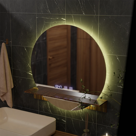Miroir LED Touch Alfred système de désembuage, horloge et température 60x60 cm avec support intégré