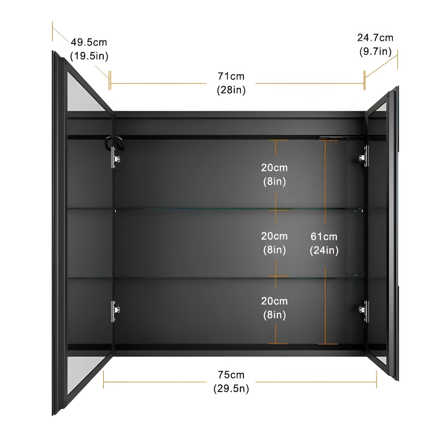 Miroir LED avec meuble STRATO 75x70 cm Noir Éclairage complet et rangements spacieux
