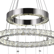 Lustre LED suspendu avec télécommande et cristal 36W, 2 Cercles, Lumière Froid/Chaud/Neutre, Dimmable, Chrome Brillant, Hauteur Réglable
