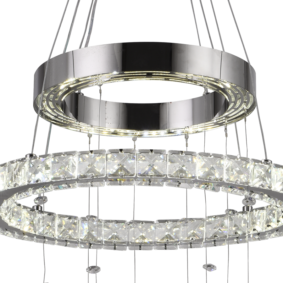 Lustre LED suspendu avec télécommande et cristal 36W, 2 Cercles, Lumière Froid/Chaud/Neutre, Dimmable, Chrome Brillant, Hauteur Réglable