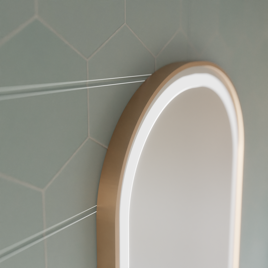 Konrad Miroir tactile LED avec système de désembuage, horloge et température, cadre doré brossé 50 x 80 cm, lumière froide neutre et chaude 3000 K/4000 K/6000 K.