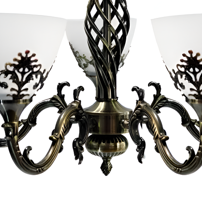 Lustre Rustique COTTAGE, 5*E27, Bronze Antique, Métal et Verre