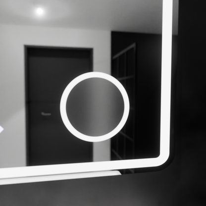 Miroir LED rectangulaire, 90 x 75 cm, Riflesso MotionGlow Marcello, système anti-buée, horloge et thermomètre, loupe cosmétique, variable