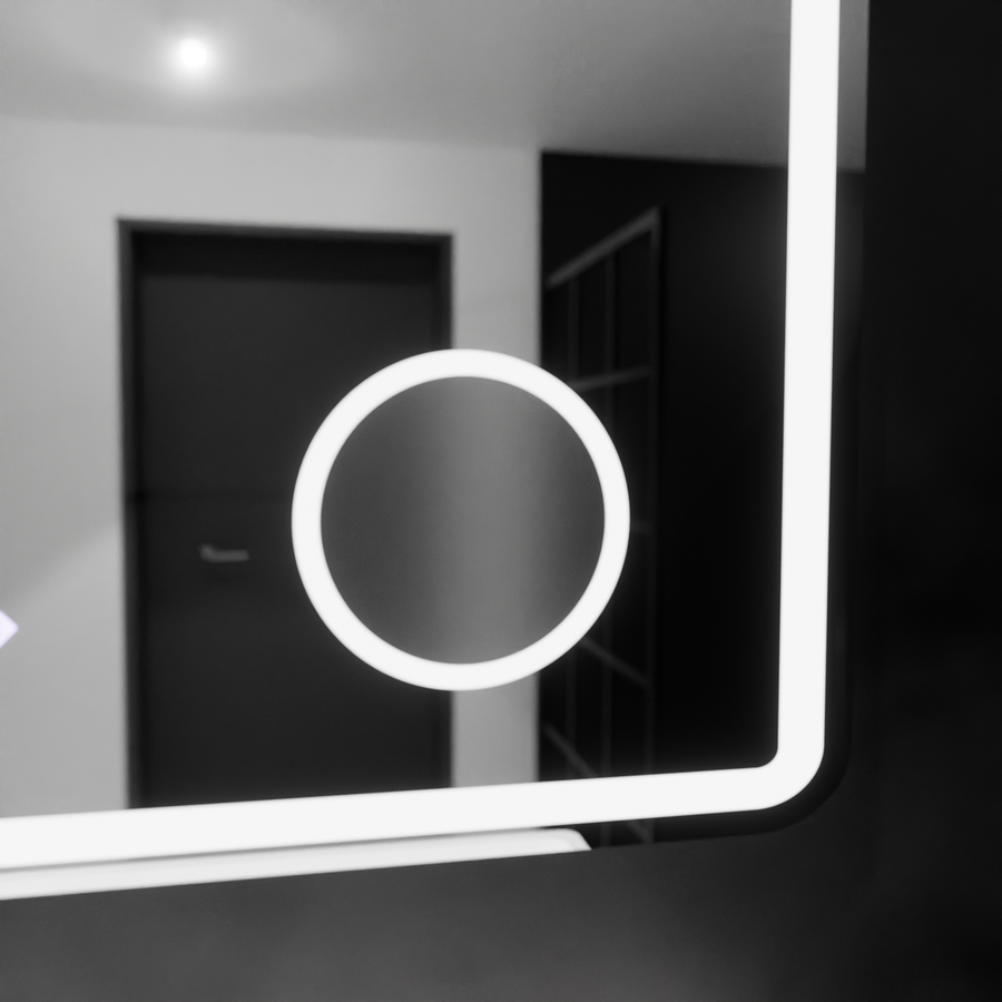 Miroir LED rectangulaire, 90 x 75 cm, Riflesso MotionGlow Marcello, système anti-buée, horloge et thermomètre, loupe cosmétique, variable