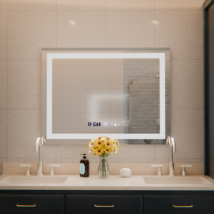 Miroir LED rectangulaire, 80x60 cm, Verite MotionGlow Marcello, système anti-buée, horloge et thermomètre, intensité variable