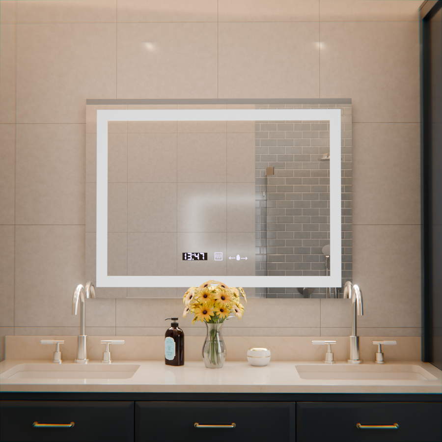 Miroir LED rectangulaire, 80x60 cm, Verite MotionGlow Marcello, système anti-buée, horloge et thermomètre, intensité variable