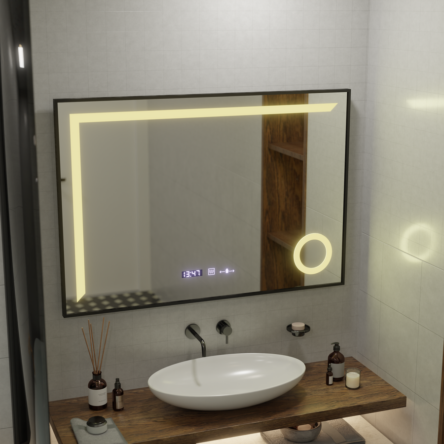 Miroir LED avec capteur MotionGlow Sofia avec fonction anti-buée Thermomètre Horloge 110x75 cm Lumière Chaude/Froide/Neutre Intensité Variable, Cadre Noir Brossé, Collection Marcello Funghi