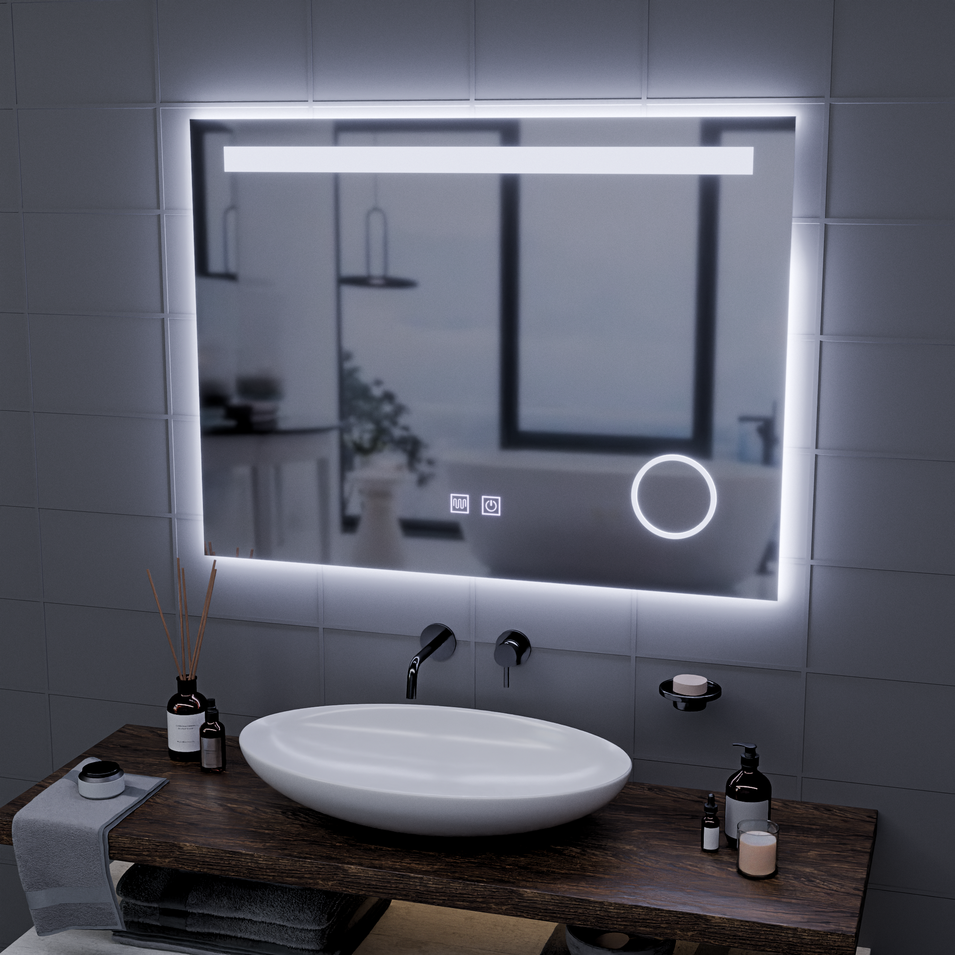 Oglinda LED Rectangulara, 80x60cm, Piano Touch, Sistem Dezaburire, Dimabila, Lumina Rece 6000K Oglinzi Korman E Default Title Alessandro Design
