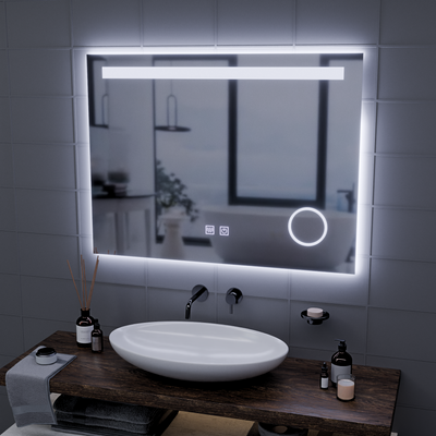 Miroir LED rectangulaire, 80x60 cm, Piano Touch, système anti-buée, intensité variable, lumière froide 6000K