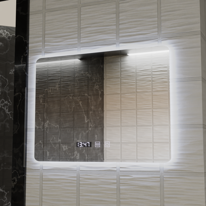 Miroir LED rectangulaire ARTAR Touch, 80x60 cm, système de désembuage, intensité variable, horloge et température, lumière froide neutre et chaude 3000K/4000K/6000K