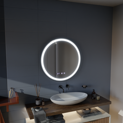 Miroir LED Tactile NOVARA Système Désembuage, Horloge et Température 50 cm Cadre Noir Brossé