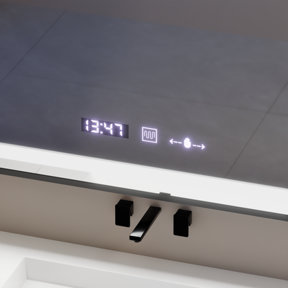 Miroir LED rectangulaire, 80x60 cm, Verite Majeste Noir Motion Glow Marcello, système anti-buée, horloge et thermomètre, intensité variable